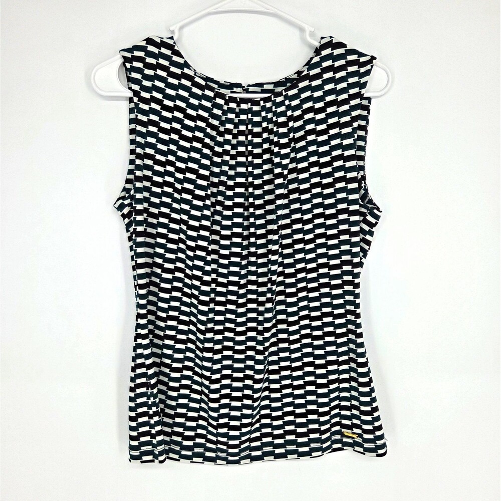 Calvin Klein Womens Black White Green Geometric Pleated Jersey Stretch Tank Sm